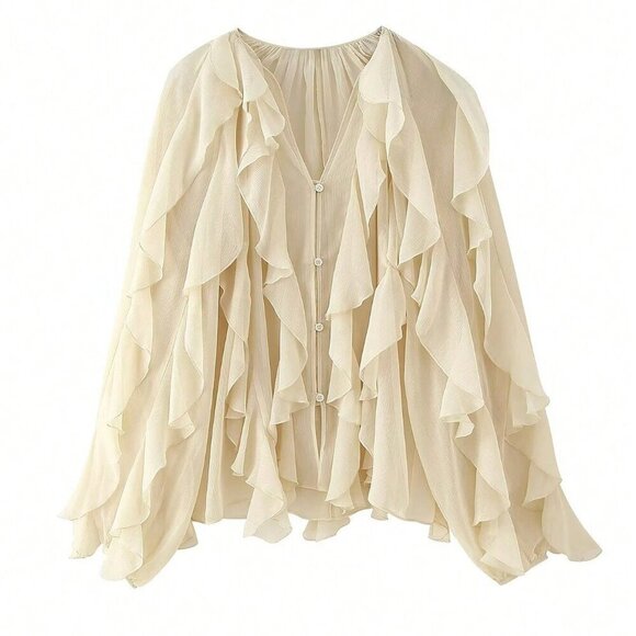 Tan Casual Women's Ruffle Trim Lantern Blouse Shirt - Picture 9 of 10
